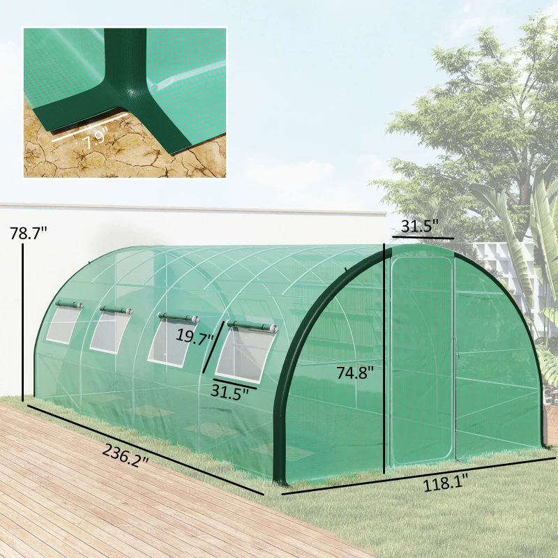 Outsunny Tunnel Greenhouse Walk-in Plant Warm House with 2 Hinged Doors, 8 Mesh Windows, 20' x 10' x 6.6', Green