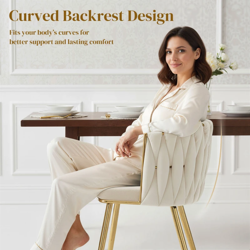 HOMCOM Modern Dining Chairs Set of 2, Velvet-Feel Upholstered Kitchen Chairs with Woven Backrest and Metal Legs, Cream White