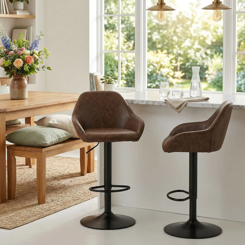HOMCOM Adjustable Bar Stools Set of 2, Swivel Barstools with Footrest and Back, PU Leather and Steel Round Base, Coffee