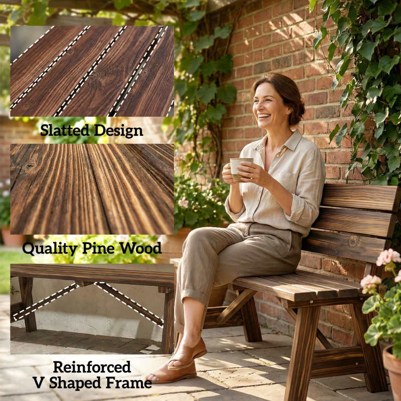 Outsunny Wooden Garden Bench for Outdoor, 2-person Patio Bench, Loveseat Furniture, Carbonized