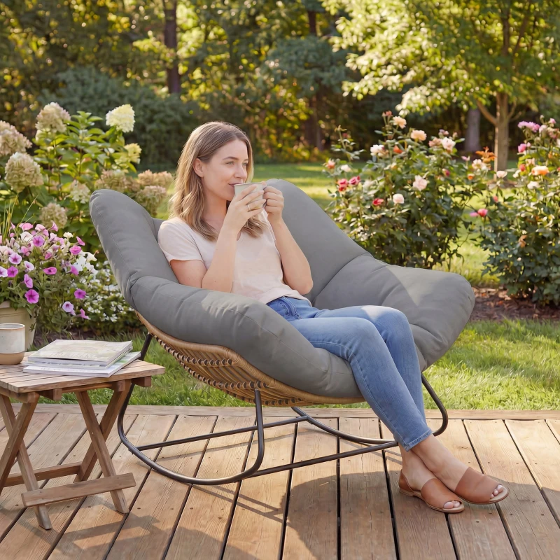 Outsunny Indoor Outdoor Papasan Rocking Chair, Oversized Rocking Egg Chair with Cushion for Garden, Patio, Grey