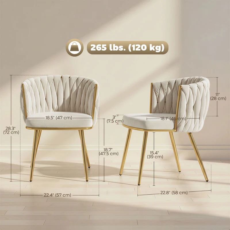 HOMCOM Modern Dining Chairs Set of 2, Velvet-Feel Upholstered Kitchen Chairs with Woven Backrest and Metal Legs, Cream White