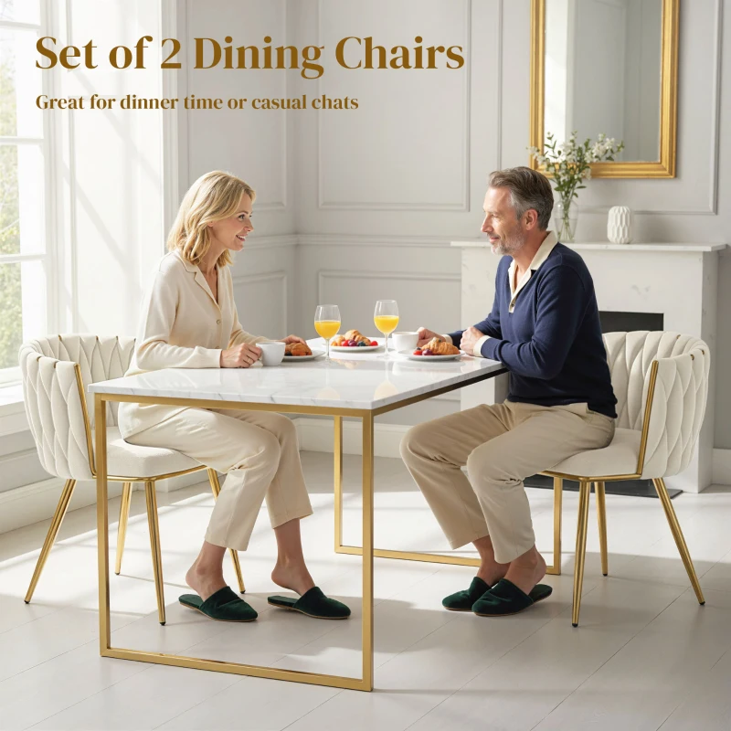 HOMCOM Modern Dining Chairs Set of 2, Velvet-Feel Upholstered Kitchen Chairs with Woven Backrest and Metal Legs, Cream White