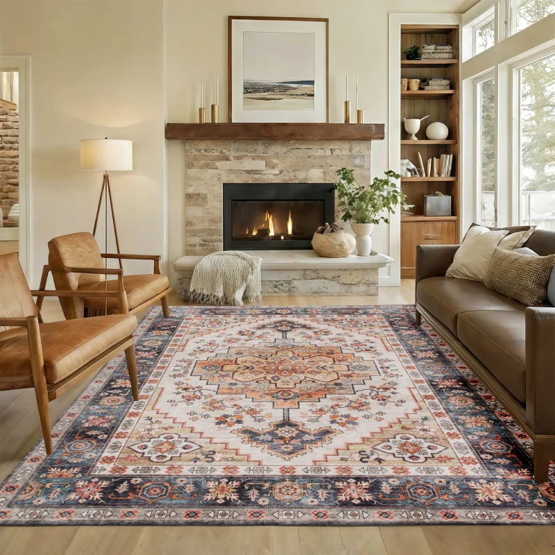 HOMCOM Area Rug 4x6, Machine Washable Rug, Non-Slip Boho Print Pattern Medallion Carpet for Living Room, Bedroom, Tawny Brown