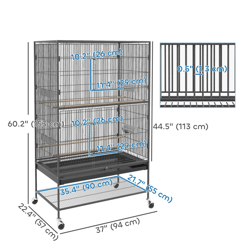 PawHut 60" Bird Cage with Stand for Cockatiels Canaries Lovebirds Finches, Budgie Cage with Wheels, Removable Tray, Storage Shelf