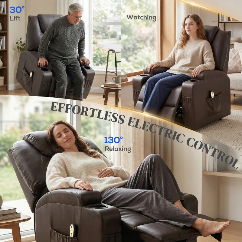 HOMCOM Power Lift Recliner Chair for Elderly, PU Leather Lift Chair with Thick and High Back, Footrest, Remote, Side Pockets, Cup Holders, Reclining Sofa for Living Room, Black
