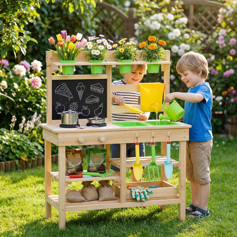 Qaba Kids Mud Kitchen, Outdoor Wooden Play Kitchen with Kitchenware & Garden Tools, Pretend Play Outdoor Toys, Natural