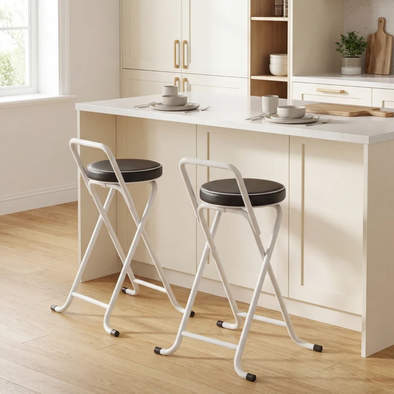 HOMCOM Foldable Bar Stools Set of 2, Folding Kitchen Chairs with PU Cushioned Seat, Footrest, Black