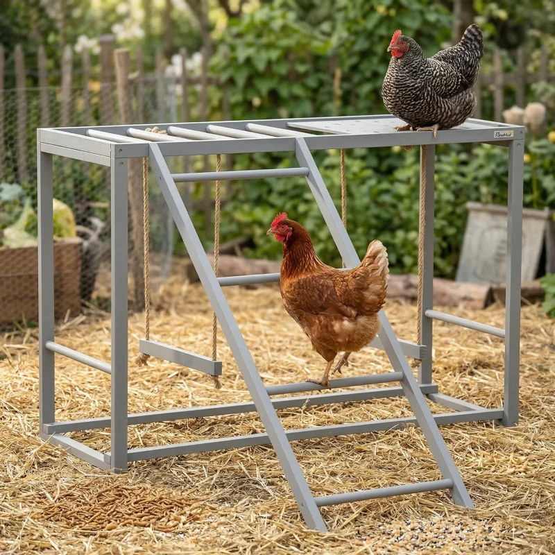 PawHut Chicken Activity Play with Swing Set for 3–4 Birds, Wooden Chicken Coop Accessory with Multiple Perches & Hen Ladder, Gray