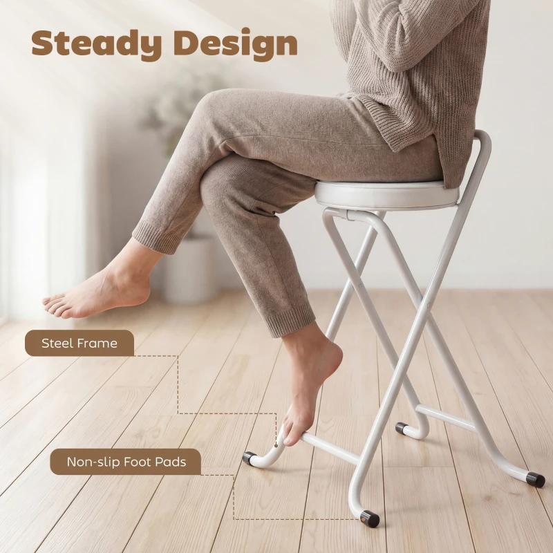 HOMCOM Foldable Bar Stools Set of 2, Folding Kitchen Chairs with PU Cushioned Seat, Footrest, White