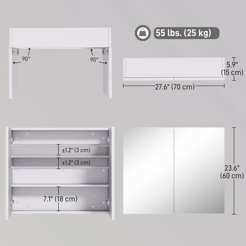 HOMCOM Wall Mount Mirrored Medicine Cabinet, Bathroom Mirror Cabinet with Adjustable Shelf, Double Soft Closing Doors, Light Lilac