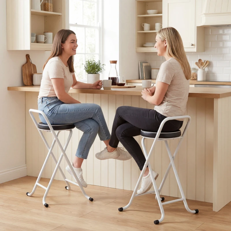 HOMCOM Foldable Bar Stools Set of 2, Folding Kitchen Chairs with PU Cushioned Seat, Footrest, Black