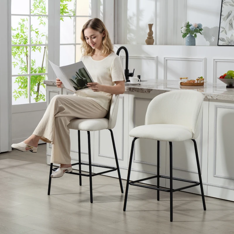 HOMCOM Set of 2 Counter Height Barstools, Upholstered Linen Bar Stools with Backrest, Footrest and Steel Legs, Cream White