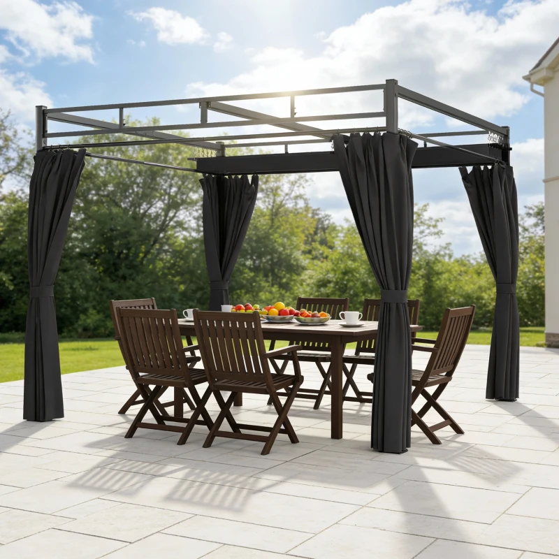 Outsunny 10' x 10' Outdoor Gazebo, Retractable Pergola Canopy with Curtains, UPF30+ Free Standing Metal Pergola Kit, Dark Grey