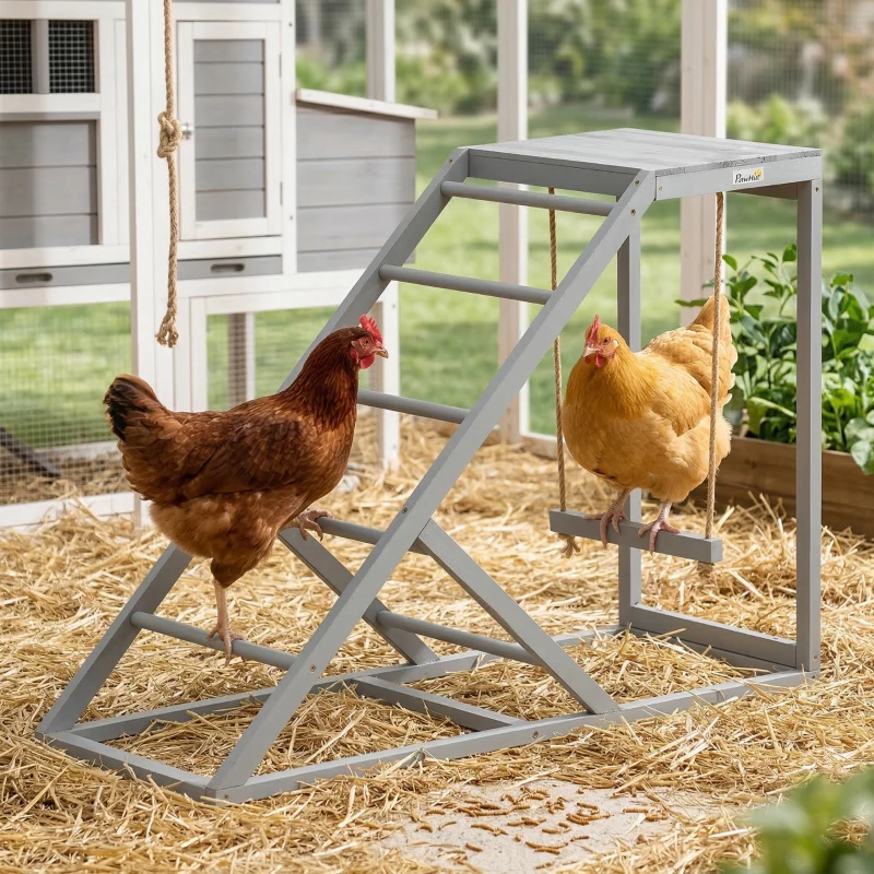PawHut Chicken Activity Play for Healthy & Happy Animals, Swing Set with Chicken Perches & Hen Ladder, Chicken Coop Toy, Gray