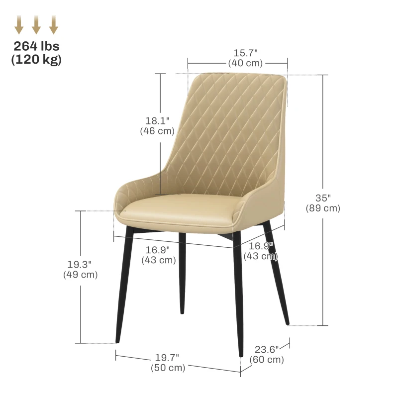 HOMCOM Upholstered Kitchen Chairs, Modern Dining Chairs Set of 2 with Diamond Tufting and Steel Legs for Dining Room, Khaki