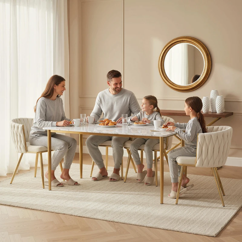 HOMCOM Modern Dining Chairs Set of 2, Velvet-Feel Upholstered Kitchen Chairs with Woven Backrest and Metal Legs, Cream White