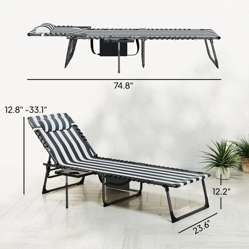 Outsunny Folding Outdoor Chaise Lounge Chair Tanning Chair with 5-Level Adjustable Back, Side Table, Pillow, Pocket, Blue White