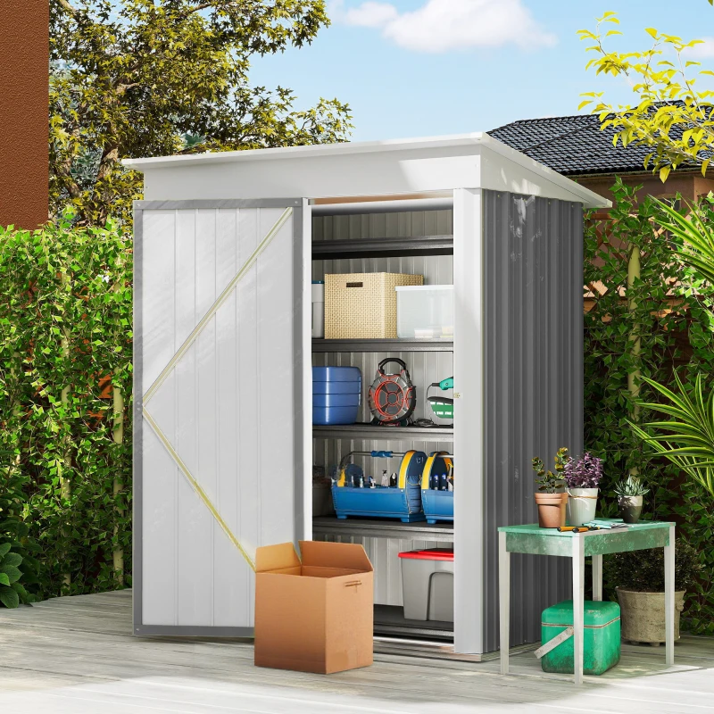 Outsunny Outdoor Sheds Storage, Small Steel Lean-to Shed with Adjustable Shelf, Lock, Gloves, 5' x 3' x 6', Gray