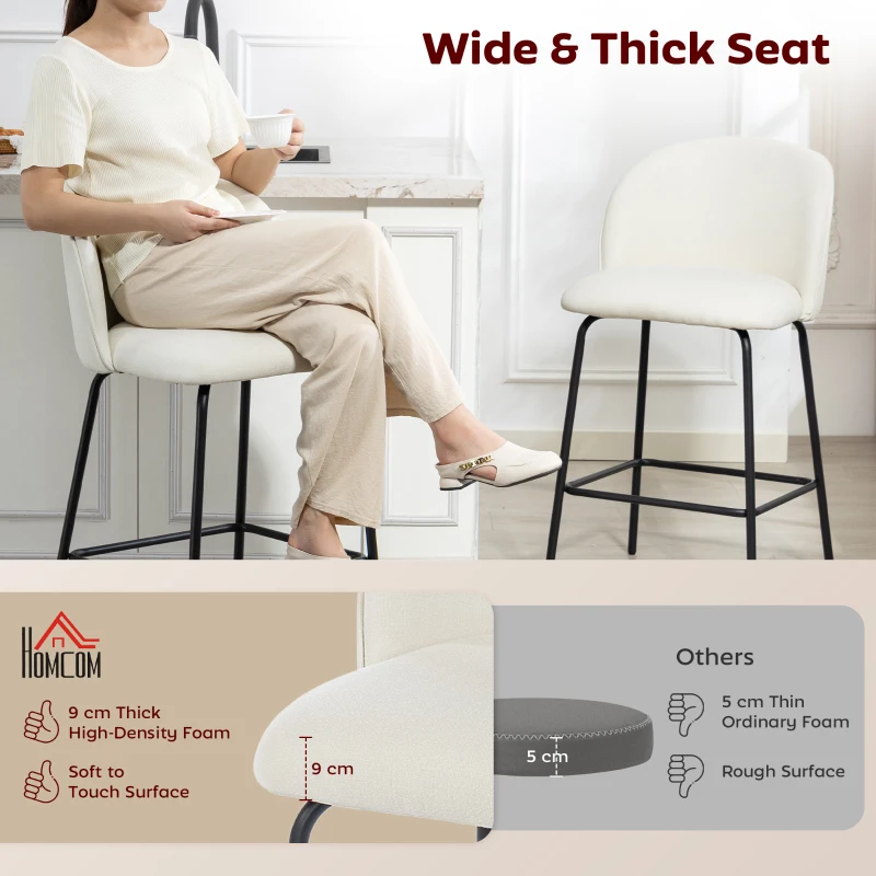 HOMCOM Set of 2 Counter Height Barstools, Upholstered Linen Bar Stools with Backrest, Footrest and Steel Legs, Cream White