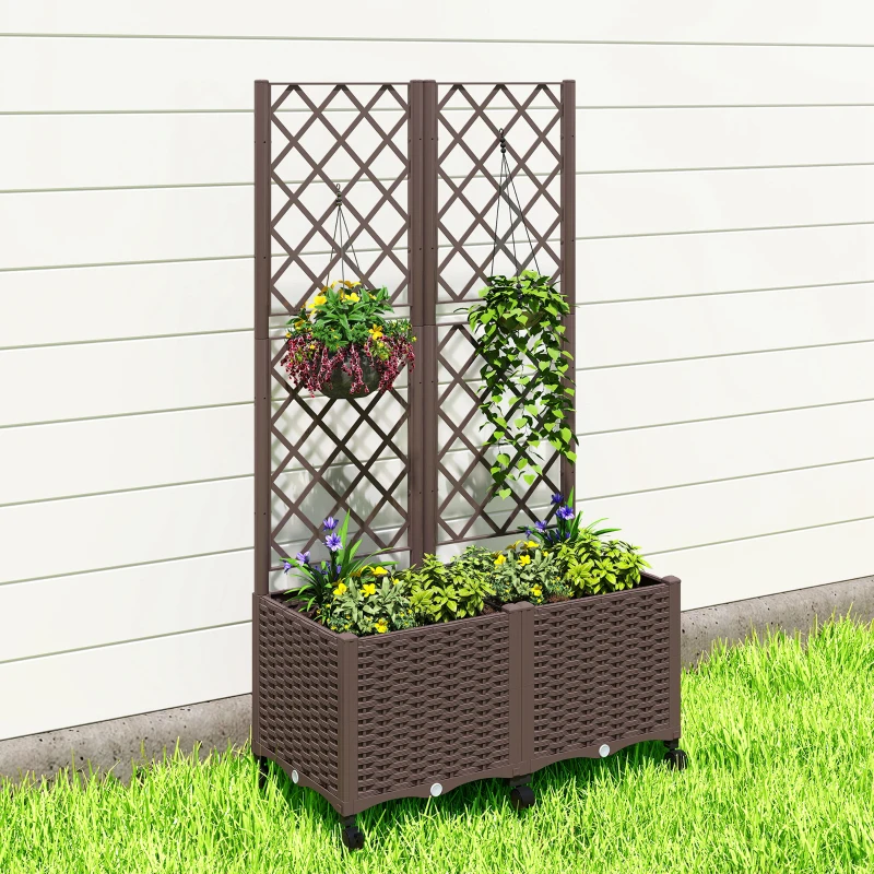 Outsunny Planter Box with Trellis, Self Watering Raised Garden Bed with Lockable Wheels and Drainage Holes, Brown