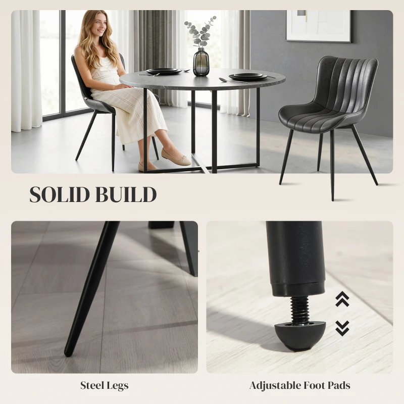 HOMCOM Dining Chairs Set of 2, PU Leather Upholstered Kitchen Chairs with Backrest and Steel Legs, Black