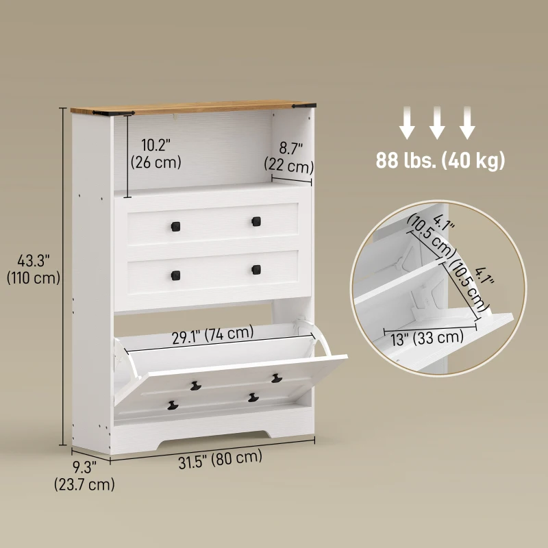 HOMCOM Shoe Cabinet with 2 Flip Drawers, Narrow Shoe Storage Cabinet, White