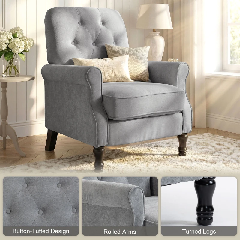 HOMCOM Accent Chair, Mid-Century Modern Armchair with Thick Padded Seat, Spring Cushion, Solid Wood Legs, Grey