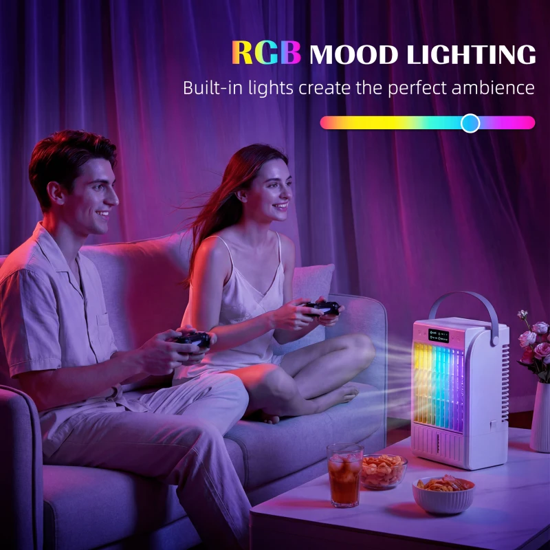 HOMCOM Portable Air Conditioner, 4-in-1 Mini Air Cooler with 4 Wind Speed, 2 Mist Mode, RGB 7 LED Light