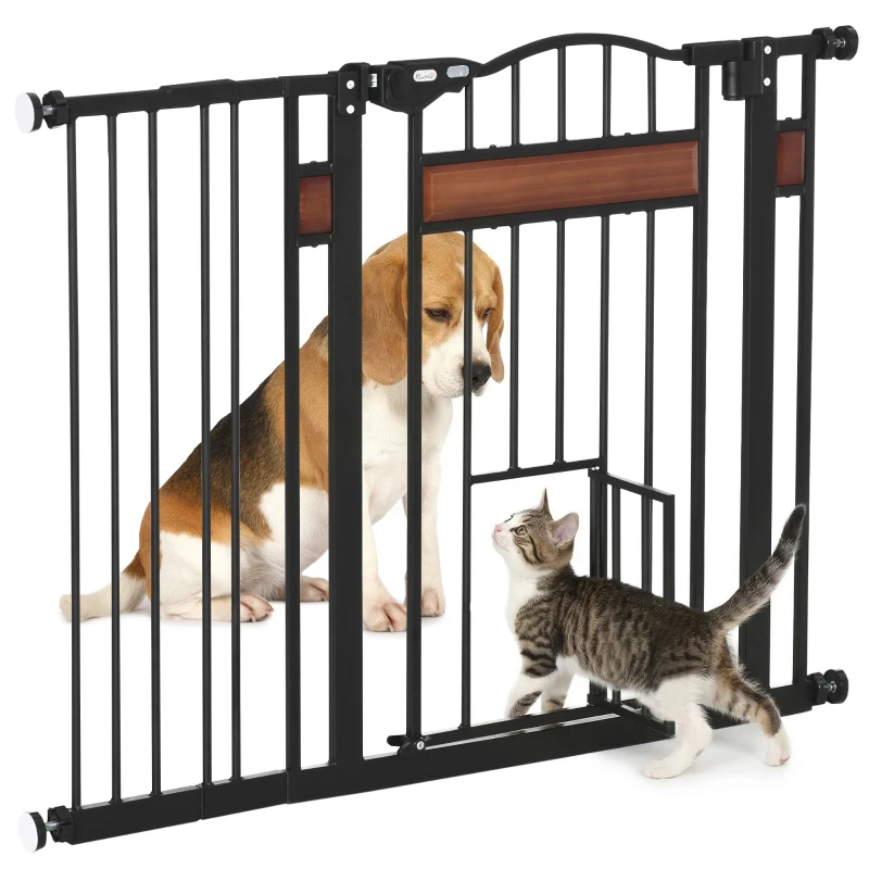 PawHut 29.1''-41.3'' Extra Wide Dog Gate with Cat Door, Stair Pressure Fit, Auto Close, Double Locking, for Doorways, Hallways