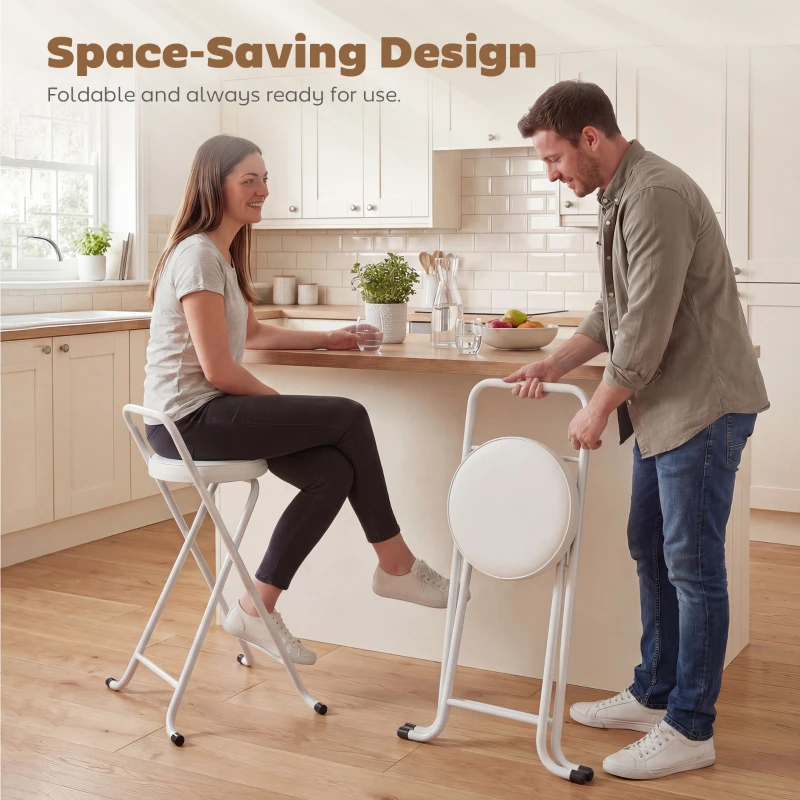 HOMCOM Foldable Bar Stools Set of 2, Folding Kitchen Chairs with PU Cushioned Seat, Footrest, White
