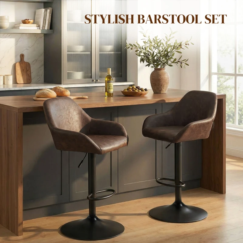 HOMCOM Adjustable Bar Stools Set of 2, Swivel Barstools with Footrest and Back, PU Leather and Steel Round Base, Coffee