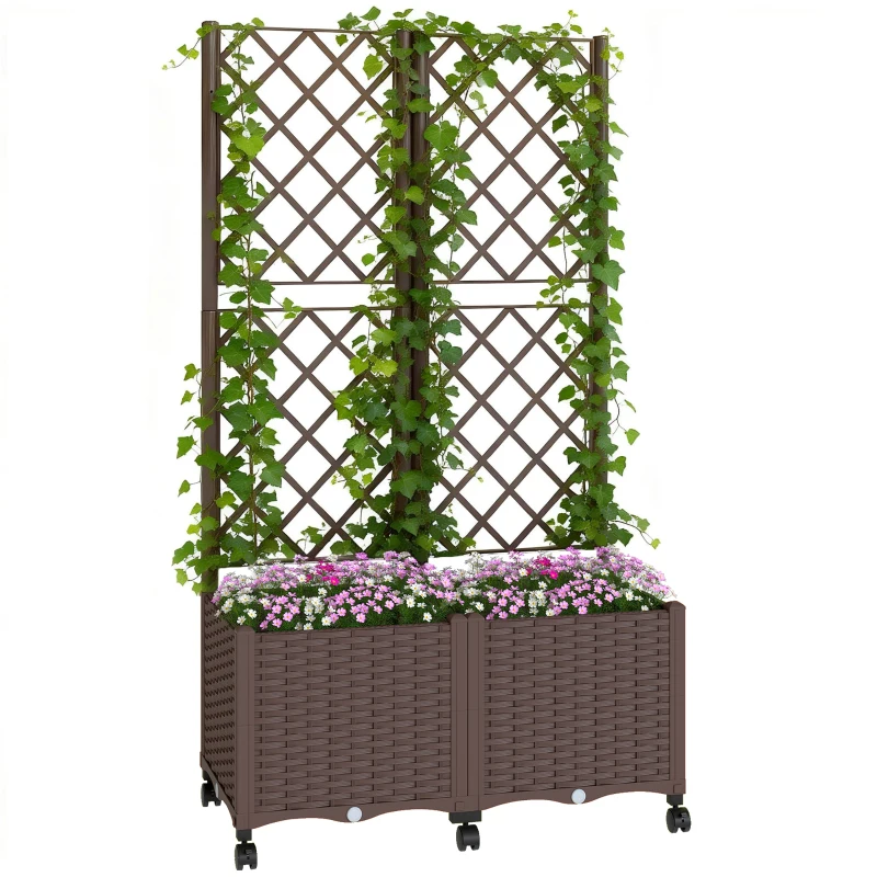 Outsunny Planter Box with Trellis, Self Watering Raised Garden Bed with Lockable Wheels and Drainage Holes, Brown