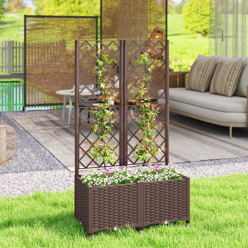 Outsunny Planter Box with Trellis, Self Watering Raised Garden Bed with Lockable Wheels and Drainage Holes, Brown