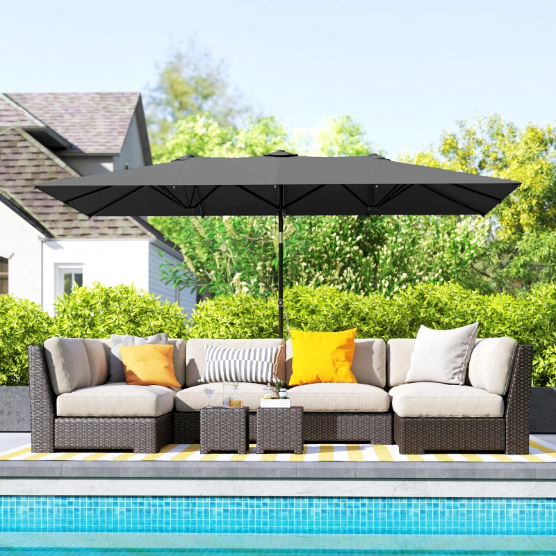 Outsunny Double-Sided Patio Umbrella Parasol with Tilt, Adjustable Height, Vents and 12 Ribs, for Garden, Deck, Grey