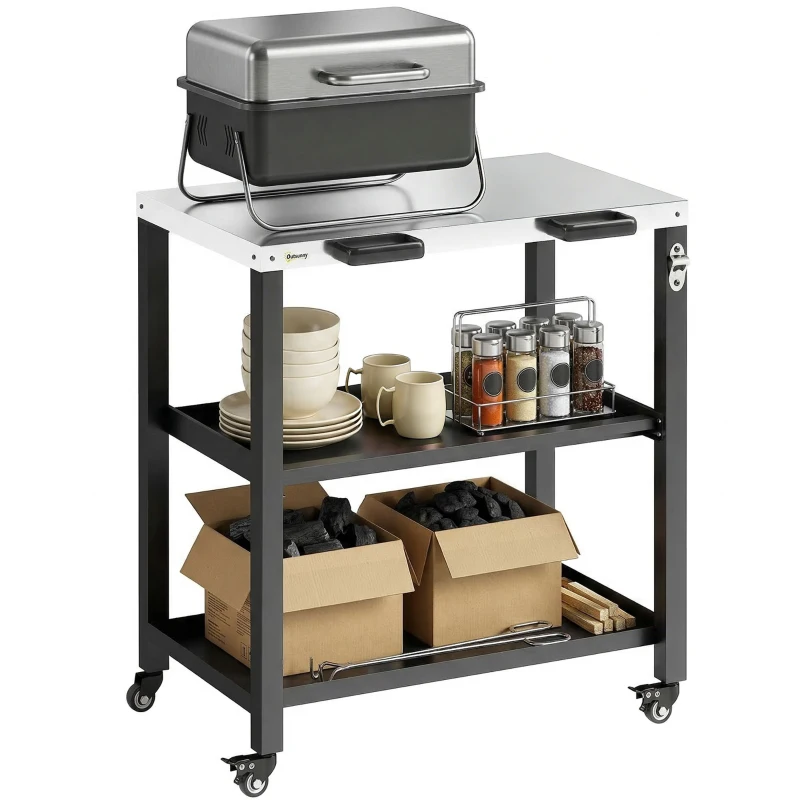 Outsunny Outdoor Grill Cart with Stainless Steel Tabletop, 2 Shelves, Rolling Prep Dining Cart with Lockable Wheels