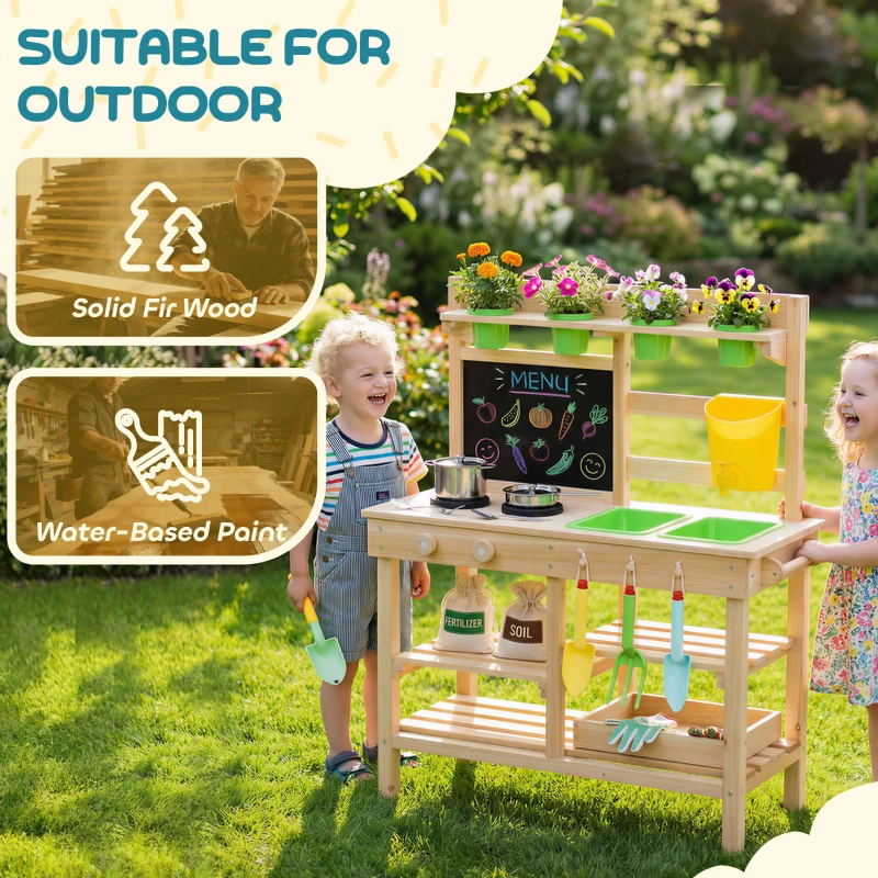 Qaba Kids Mud Kitchen, Outdoor Wooden Play Kitchen with Kitchenware & Garden Tools, Pretend Play Outdoor Toys, Natural