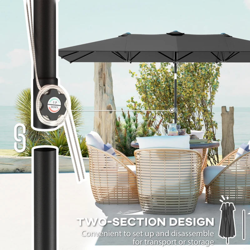 Outsunny Double-Sided Patio Umbrella Parasol with Tilt, Adjustable Height, Vents and 12 Ribs, for Garden, Deck, Grey