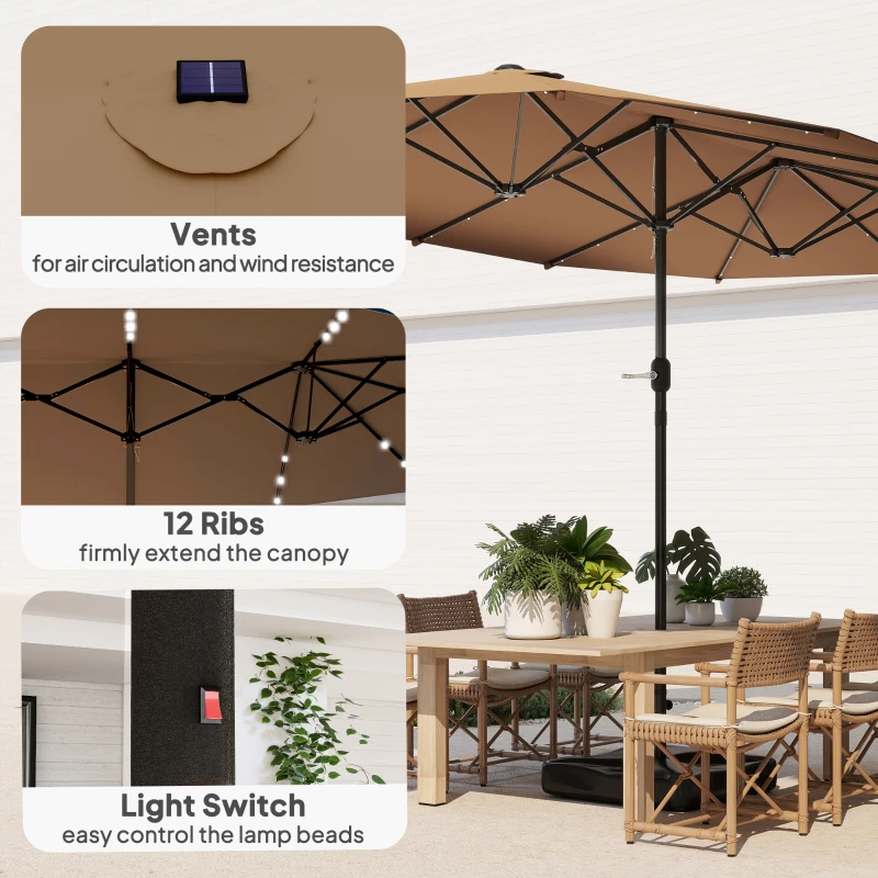 Outsunny Garden Parasol 14.4 ft. Double-Sided Sun Umbrella with Base, Patio Parasol with LED Solar Lights, Khaki