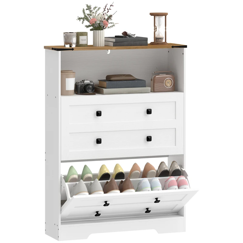 HOMCOM Shoe Cabinet with 2 Flip Drawers, Narrow Shoe Storage Cabinet, White