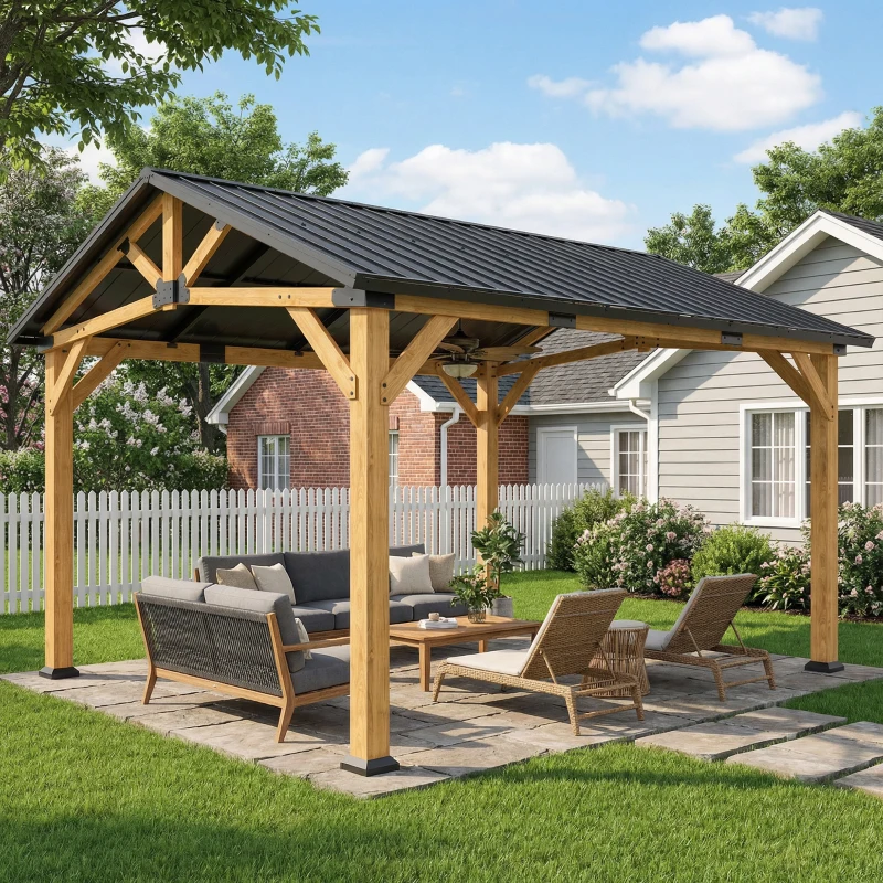 Outsunny 13' x 11' Hardtop Gazebo Canopy with Galvanised Metal Roof, Fir Wood Frame and Central Hook for Patio, Black Gray