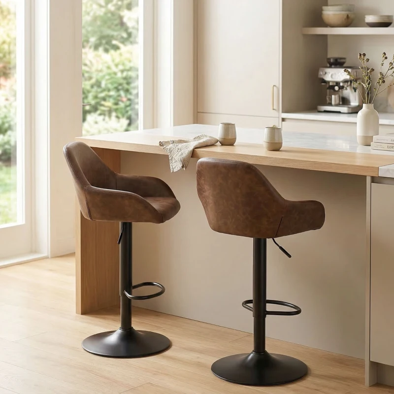 HOMCOM Adjustable Bar Stools Set of 2, Swivel Barstools with Footrest and Back, PU Leather and Steel Round Base, Coffee