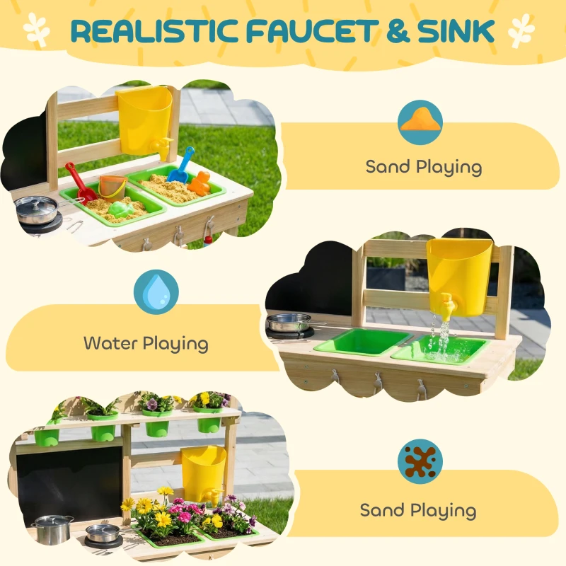 Qaba Kids Mud Kitchen, Outdoor Wooden Play Kitchen with Kitchenware & Garden Tools, Pretend Play Outdoor Toys, Natural