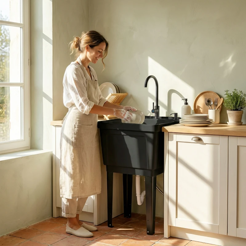 Outsunny Portable 23-Gallon Utility Sink Laundry Tub for Washing Room, Freestanding Laundry Sink with Soap Dispenser, Black