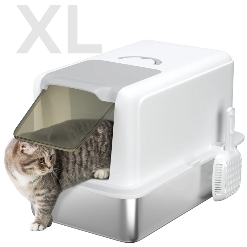 PawHut 2 in 1 Stainless Steel Cat Litter Box with Removable Lid, Scoop, Filter Bags, for Small to Large Cats, White