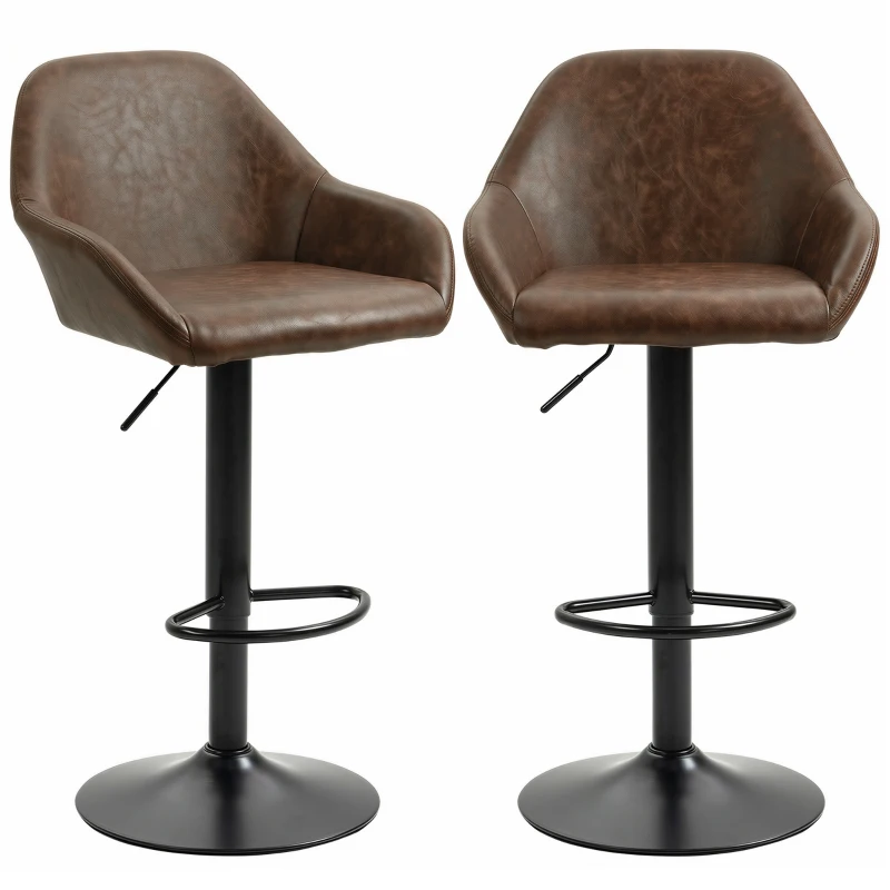 HOMCOM Adjustable Bar Stools Set of 2, Swivel Barstools with Footrest and Back, PU Leather and Steel Round Base, Coffee