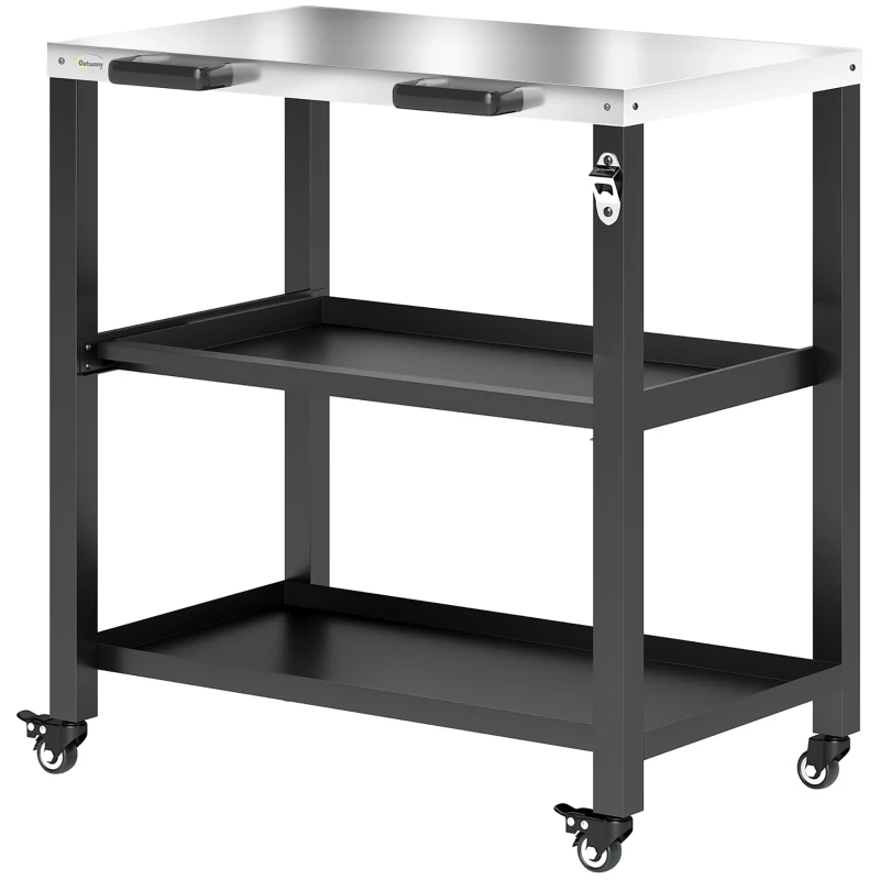 Outsunny Outdoor Grill Cart with Stainless Steel Tabletop, 2 Shelves, Rolling Prep Dining Cart with Lockable Wheels