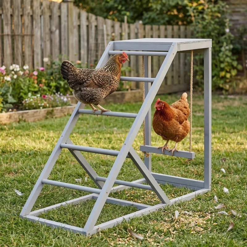 PawHut Chicken Activity Play for Healthy & Happy Animals, Swing Set with Chicken Perches & Hen Ladder, Chicken Coop Toy, Gray