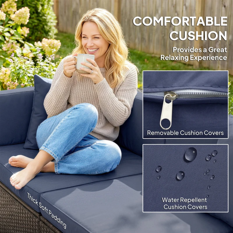 Outsunny 7pc Garden Wicker Sectional Set w/ Tea Table Patio Rattan Lounge Sofa Outdoor Deck Furniture Navy Blue