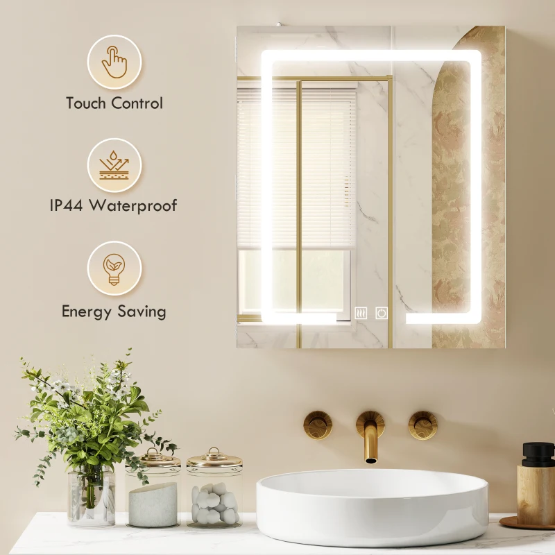 HOMCOM Bathroom Medicine Cabinet with Lights, Wall Mounted Mirror Cabinet with Demister Pad, Adjustable Shelves, White